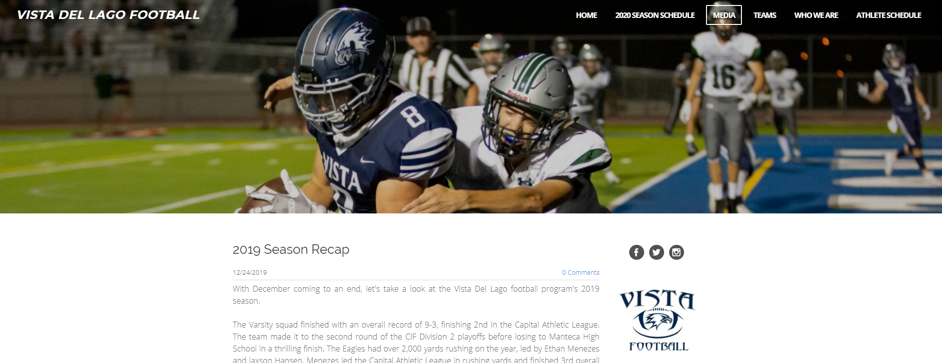 Vista Del Lago Football website